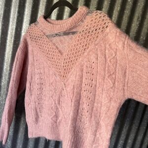 Express Pink Cable Knit Lace panel cozy Sweater Womens Medium shabby chic girly
